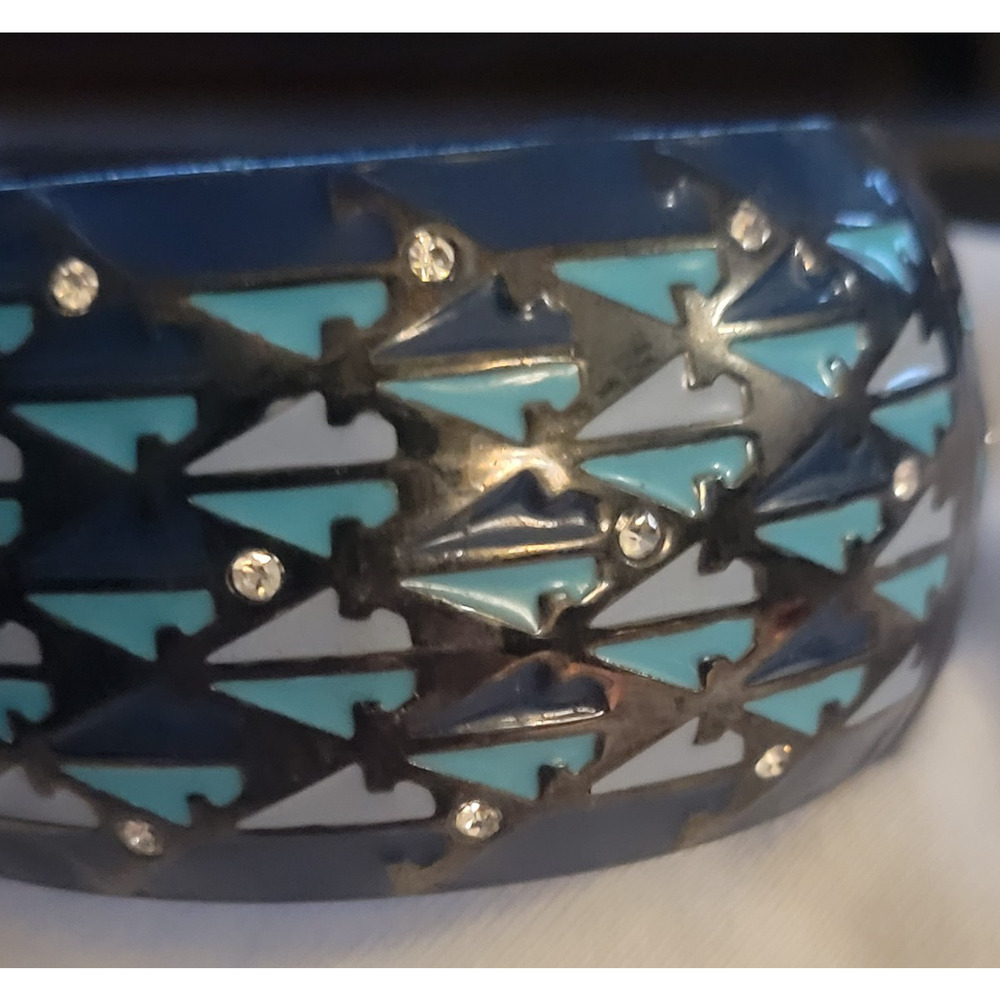 Vintage Bohemian Turquois Gray and Rhinestones Hinged Tribal Style Boho